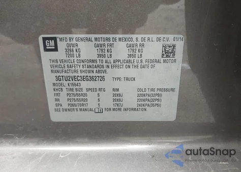 2014 GMC Sierra 1500 Slt from USA, damaged, VIN 3GTU2VEC3EG362726